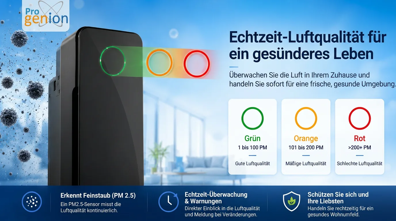 Echtzeit-Luftqualität: Feinstaubsensor mit grüner, oranger und roter Farbanzeige am Luftreiniger Progenion PR-955S UV